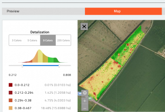 Analysis of multispectral indices . Index histogram, range recalculati