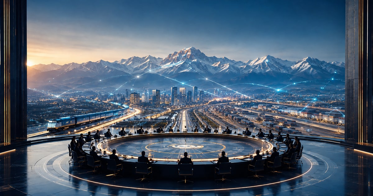 Editorial illustration of Bishkek connected by trade, finance, transport and digital networks across the SCO region